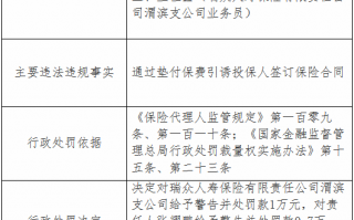 瑞众人寿渭滨支公司被罚1万元：通过垫付保费引诱投保人签订保险合同