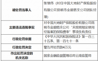 大地财险昆明市金碧路支公司未按照规定使用经备案的保险费率 时任团队经理被罚