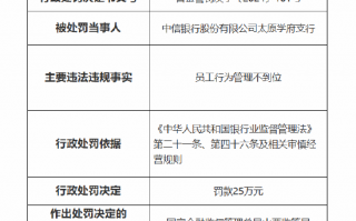 银行员工谋取非法利益被终身禁业！中信银行太原学府支行被罚25万元：因员工行为管理不到位