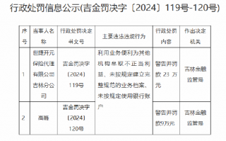 世捷开元保险代理吉林分公司被罚23万元：因利用业务便利为其他机构牟取不正当利益等违法违规行为